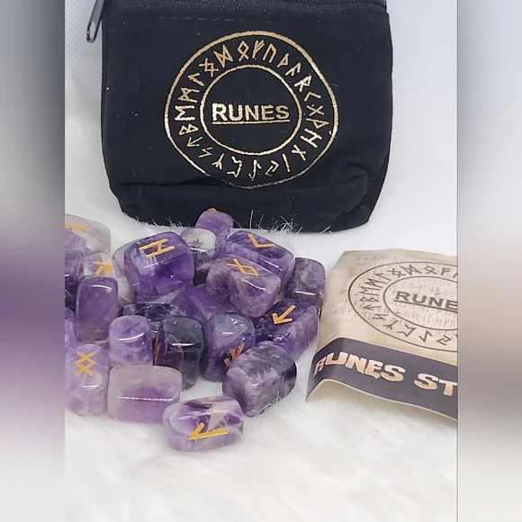 Amethyst Rune Stones Set | Engraved Runes w/ Velvet Pouch & Guide Crystal. - Picture 3 of 7